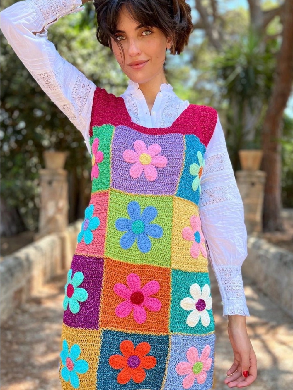 NWT Rose Carmine Crochet Patchwork Flower Lurex Mini Dress Handmade Italy